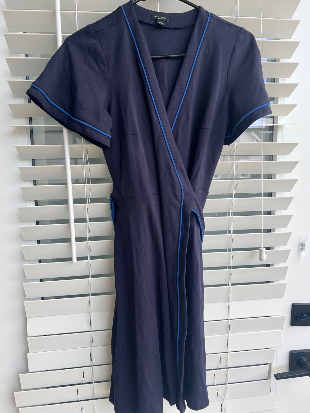 Ann Taylor Petite navy wrap dress with blue trim - Picture 2 of 4